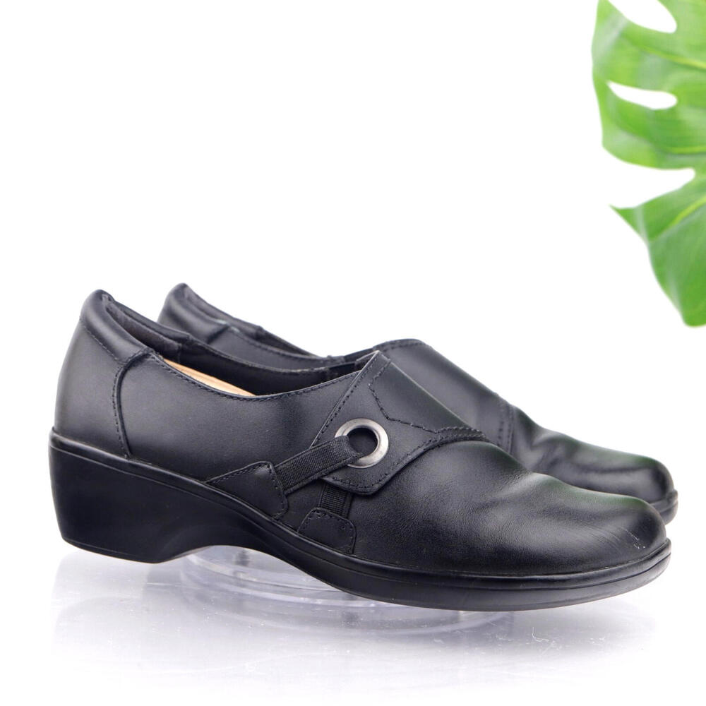 Clarks Shoes Womens May Carina Loafer Size 9 M Black Leather Slip On Wedge Comfy